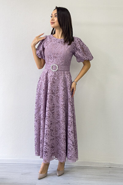 the ZKS Дамска рокля с балонни ръкави и колан, дантела, черна, саксофон, пудр...