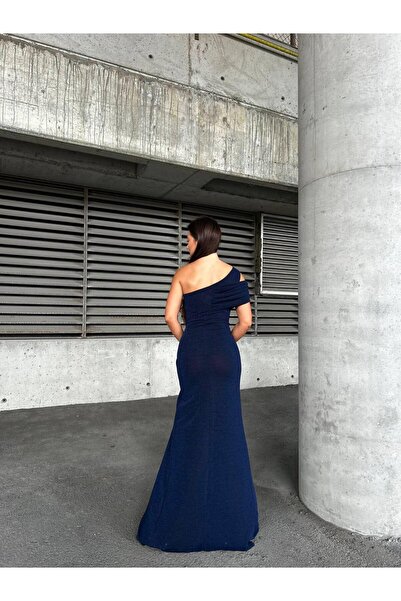 Modafeminen Tek Omuz Yırtmaçlı Flowers Kumaş Elbise Lacivert 583203