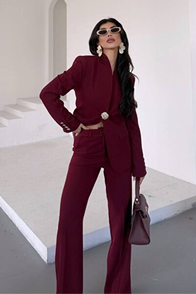 AKD Atelier Women's Two-Piece Suit Stylish Button Detail Stand Collar Blazer Jacket Wide Leg Pants Set