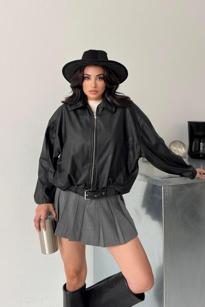 Serica Moda سترة بومبر بياقة من الجلد الصناعي الأسود
