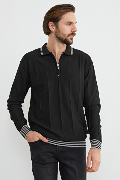 Fulla Moda Çizgili Polo Yaka Yarım Fermuarlı Triko Body