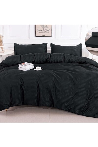 Casa de Vis Set lenjerie de pat dublu, bumbac satinat, 180 x 200 cm, 4 piese, cu elastic, negru