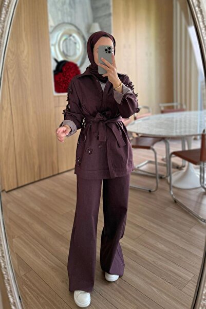 Ka Hijab 3D Floral Detail Denim Suit - Burgundy