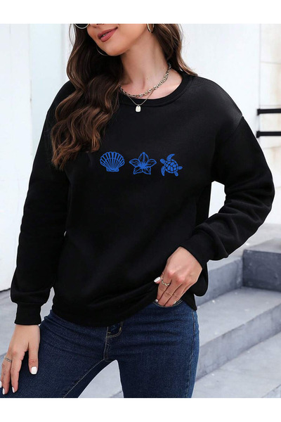 uyguntarz Unisex Seashells Design Printed Crew Neck Sweatshirt