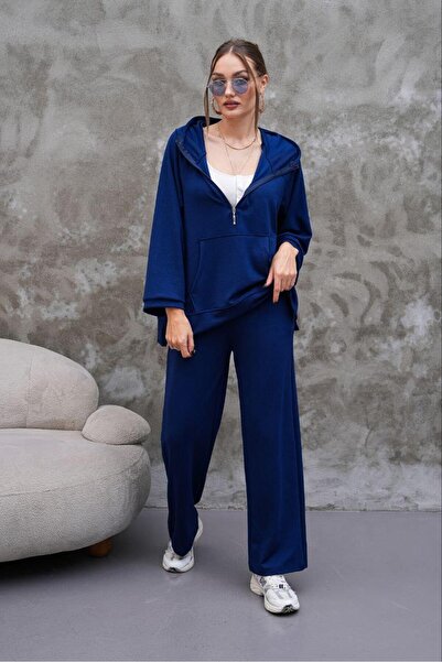 Elaxi طقم ملابس مزدوج من قماش المودال بجيب كنغر وقلنسوة بسحاب