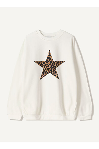 Disante Hanorac unisex oversize cu imprimeu cu stele leopard – decolteu crew,...