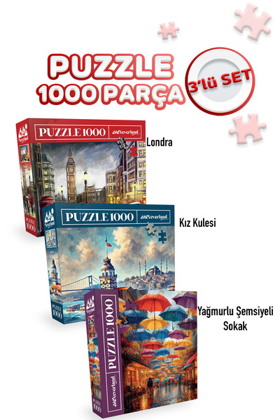 Neverland 3 ADET 1000 PARÇA PUZZLE - YAĞMURLU ŞEMSİYELİ SOKAK VE KIZ KULESİ V...