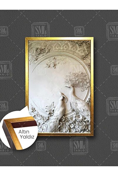 SML TABLO Duvarda İki Tavus Kuşu Heykeli Rölyef Duvar Dekor Çerçeveli Dikey K...