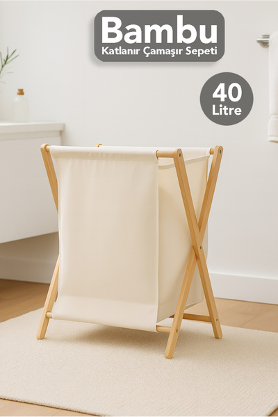 Meleni Home Katlanır Bambu Çamaşır Sepeti - Yıkanabilir İç Hazneli Natural Ki...