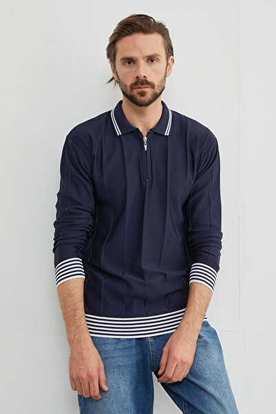 Fulla Moda Çizgili Polo Yaka Yarım Fermuarlı Triko Body