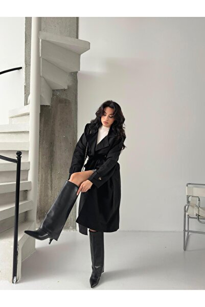 Serica Moda Siyah Kuşaklı Uzun Trençkot