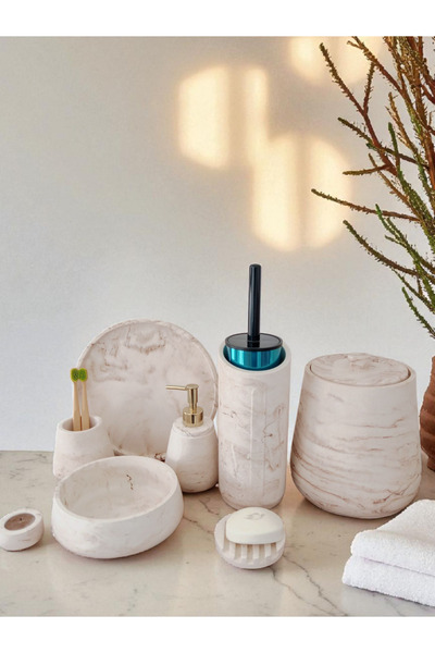 Trust Stone Set de baie din beton cu model de marmură, toaletă WC, coș de gunoi, solid, dozator de săpun lichid, tavă, decorare, accesoriu