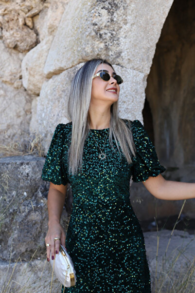 bytugcekaya Zümrüt Yeşili Balon Kol Pulpayet Elbise