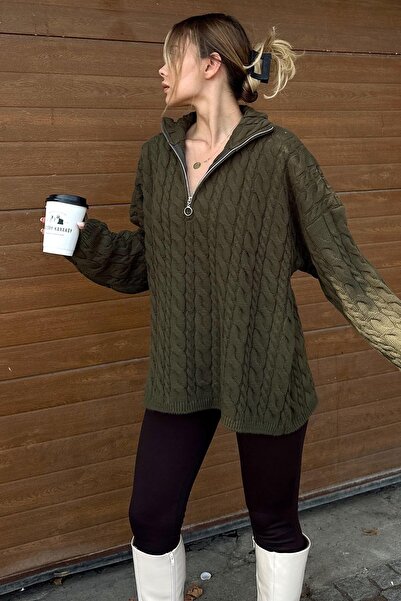 Swist Khaki Zippered Stand Collar Thick Hair Knit Oversize Women's Knitwear Sweater