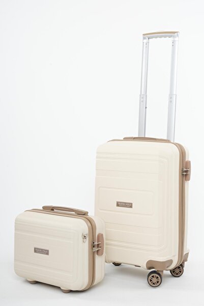 Travel POLO 2'li Polipropilen Kırılmaz Valiz Kabin Boy ve Makyaj Krem Vizon 1017