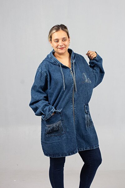Truva XXL Add Sparkle to Your Style! Oversized Denim Jacket with Stone Embroidered Pockets