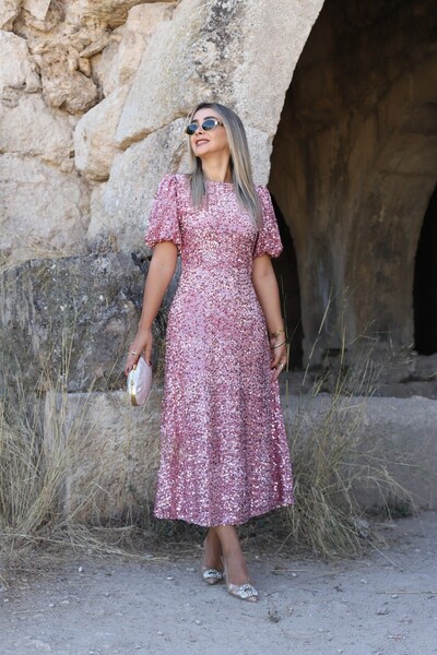 bytugcekaya Pink Balloon Sleeve Sequin Dress