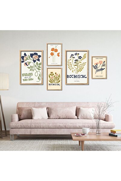 GAAGART 5'li Ahşap Lamine Çerçeveli Mdf Tablo Seti Botanical Flowers