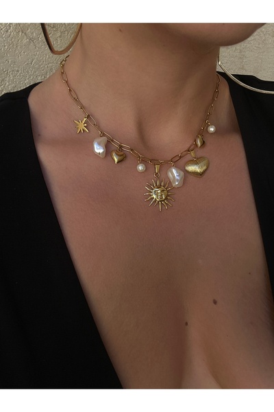 pop up store Multiple Charm and Pearl Detail Stainless Steel Necklace