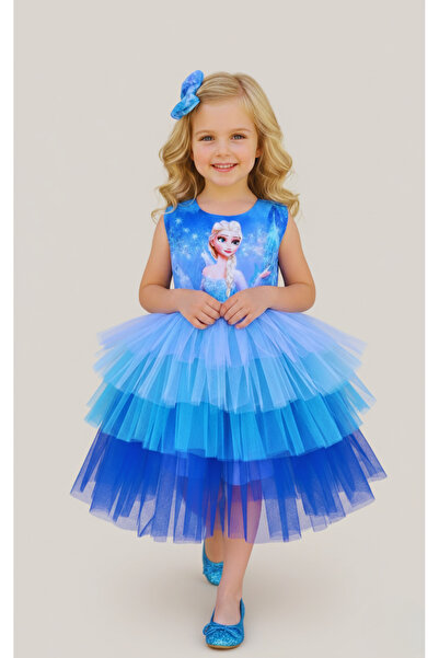 Ceylin Fashion Kız Çocuk Elsa Mavi Tütülü Doğum Günü Elbisesi CF-25003