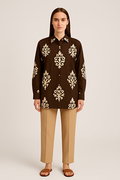 SheLoria Women's Brown Patterned Midi Hijab Linen Shirt