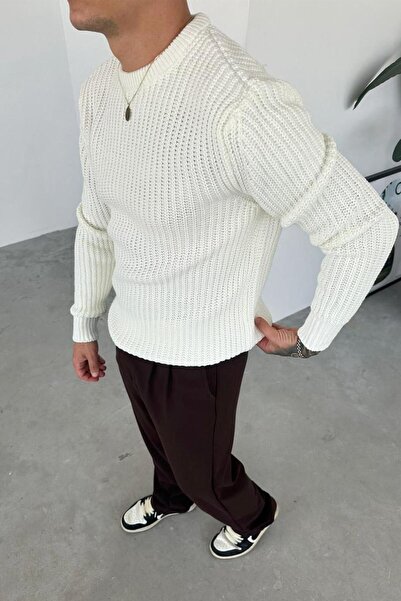 HAFKAGİYİM Ecru Crew Neck Oversize Knit Sweater