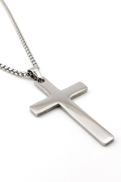 Solfera Parlak Gümüş Renkli Haç Istavros Paslanmaz Çelik Erkek Kolye Zincir Q0984