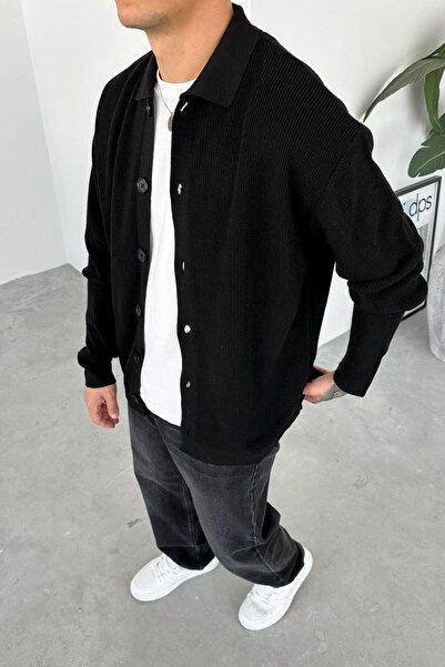 HAFKAGİYİM Black Buttoned Relaxed Knit Cardigan