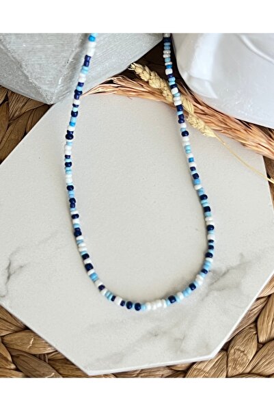 HALHALMILL Mavi Beyaz Tonlarında Kum Boncuk Kolye