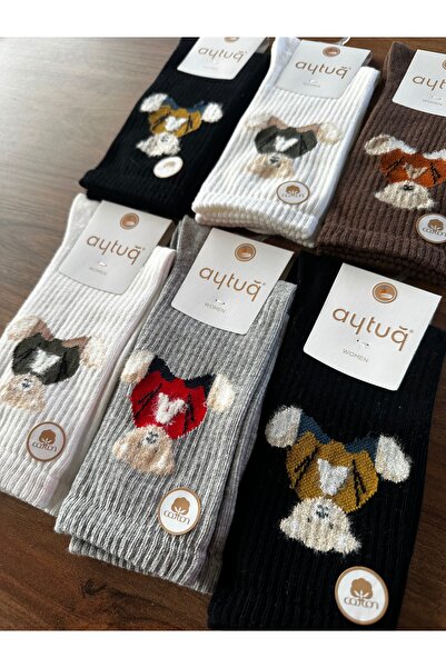 Aytuğ Women's Teddy Bear Embroidered Cotton Seamless Comfortable Socks 6-Pack