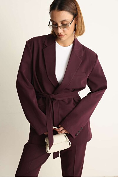 Swass Burgundy Belted Jacket Pants Set