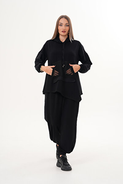 AYASOFYA OTANTIK طقم بلوزة وبنطلون نسائي أسود بقلنسوة وتفاصيل شبكية وجيب كنغر...