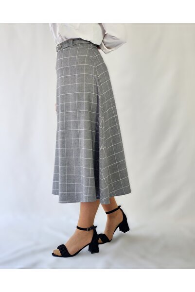 YAXİ Plaid Gray Midi Skirt with Belt Detail