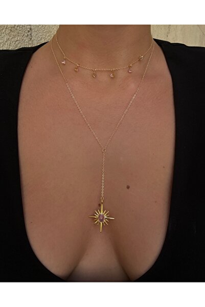 pop up store Pembe Zirkon Taşlı Yıldız Katmanlı Kadın Kolye