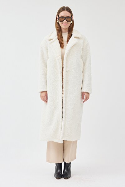 STONCS Women's Ecru Long Regular Plush Coat