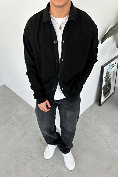 HAFKAGİYİM Black Buttoned Relaxed Knit Cardigan