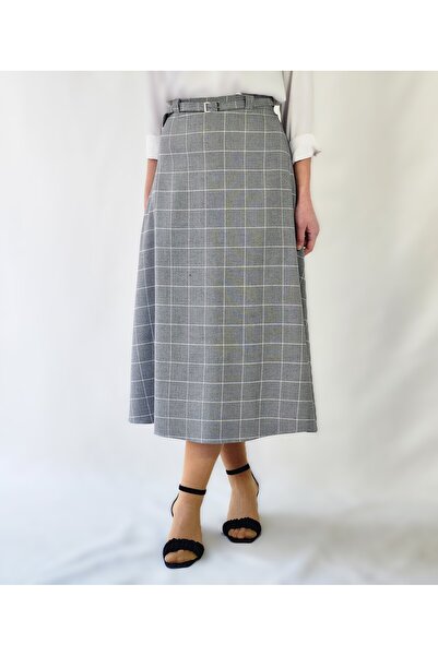 YAXİ Plaid Gray Midi Skirt with Belt Detail
