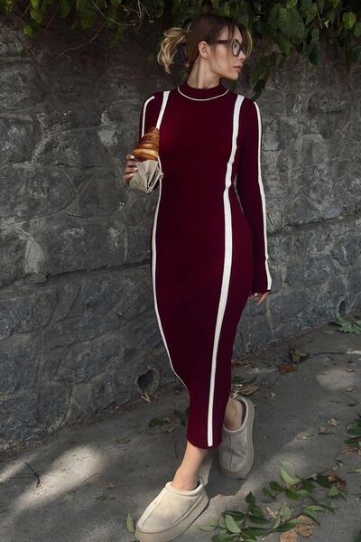 Swist Bordo Monero Bisiklet Yaka İntersiye Çizgili Kadın Triko Midi Elbise