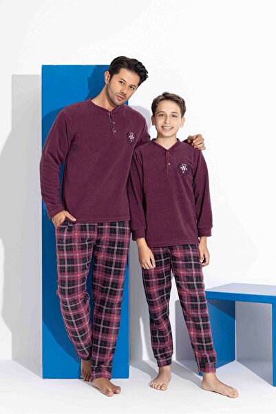 Tarık Men's Burgundy Plaid and Square Pattern Long Sleeve Father-Son Fleece Fabric Winter Warm Pajama Set