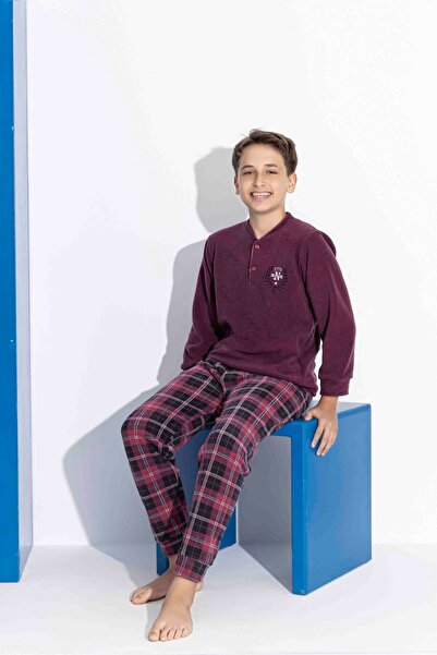 Tarık Ανδρικό μπορντό καρό και τετράγωνο μοτίβο με μακρυμάνικο ύφασμα Fleece DAD-SON Χειμερινό ζεστό σετ πιτζάμες
