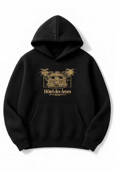 Altair Tr سويت شيرت أسود قصة فضفاضة للجنسين من فندق دي آيمز مطبوع بغطاء رأس