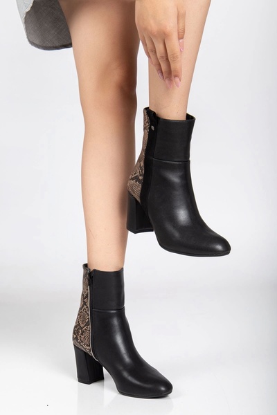 KÖMEN 292 Black Leopard Pattern Detailed Zippered High Heeled Casual Women's Boots