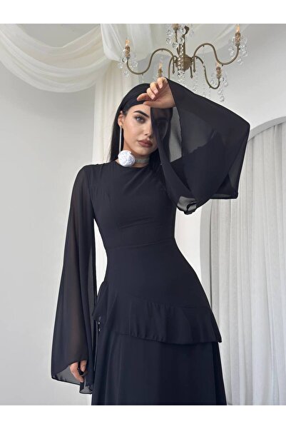 Miss Beyoğlu Kadın Volanlı Uzun Kol Tül Uzun Elbise