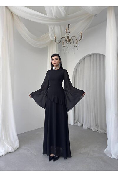 Miss Beyoğlu Kadın Volanlı Uzun Kol Tül Uzun Elbise