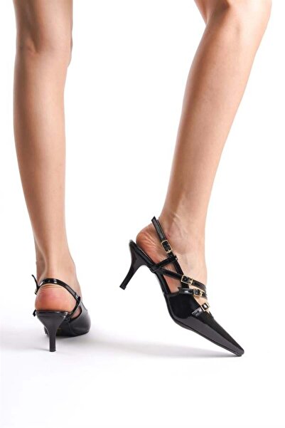 Difolia Kadın Franco Siyah Rugan Tokalı Kısa Topuklu (6 cm ) Ayakkabı