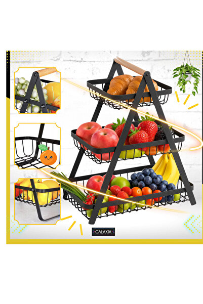 OEM Cos metalic 3 etaje pentru blat, negru mat, cu maner din lemn detasabil, organizator fructe ventilat
