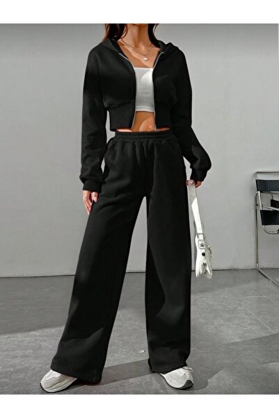 DEZZİİ Μαύρο Crop Sweat Cardigan και φαρδιά φόρμα με φαρδιά πόδια