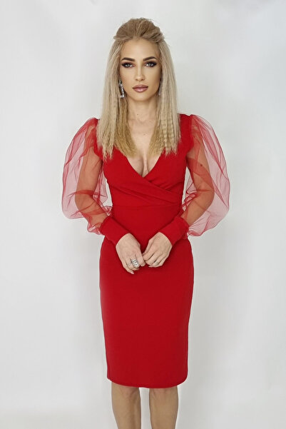 FashionForYou Rochie midi Zephyr, bodycon, cu decolteu amplu si maneci lungi ...