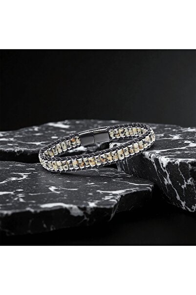 SHUİLL Dalmatian Jasper &amp;   Hematite Steel Braided Leather Bracelet