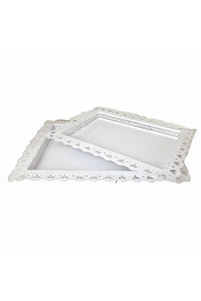 OEM Set 2 White Metal Trays with Lace Design